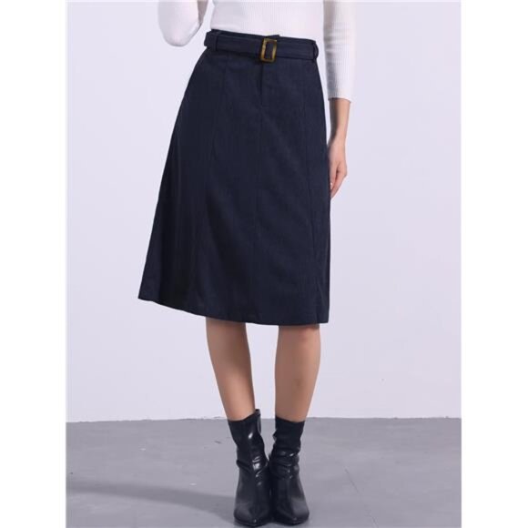Women's High Waist Elastic Back A-Line Belted Skirt Blue - Picture 2 of 5